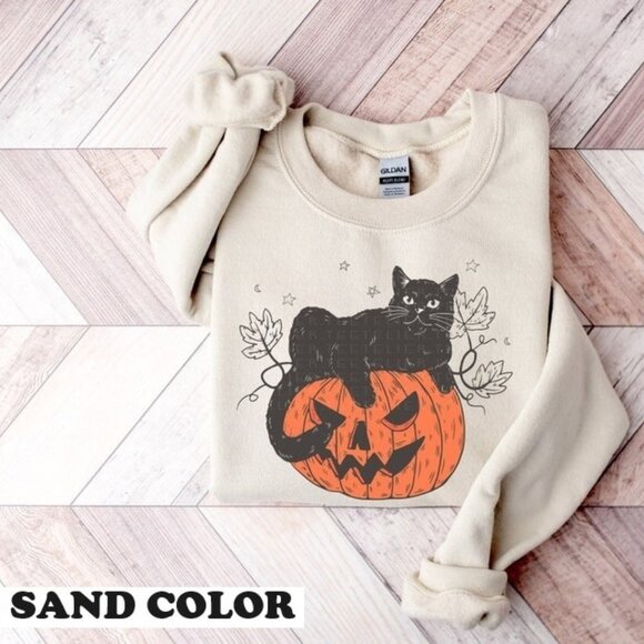 Cute Halloween Black Cat Sweatshirts, Spooky Pumpkin Halloween 99 - Picture 1 of 5